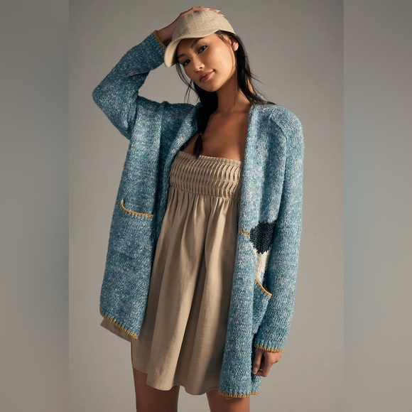 RARE Anthropologie Viral Blue Narwhal Knit Cardigan Sweater M/L - Picture 3 of 8